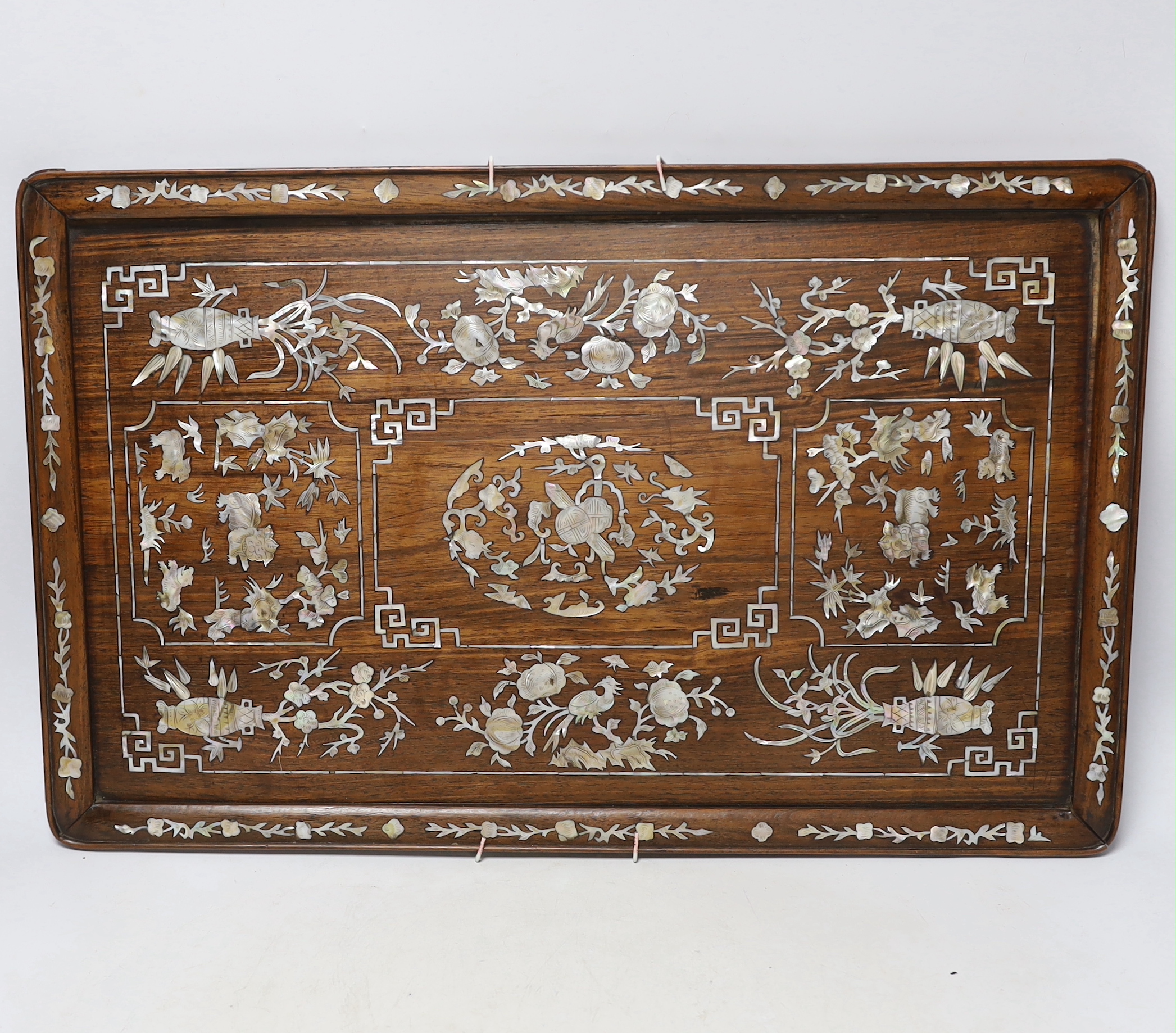 A Chinese hongmu and mother of pearl inlaid tray, late 19th century